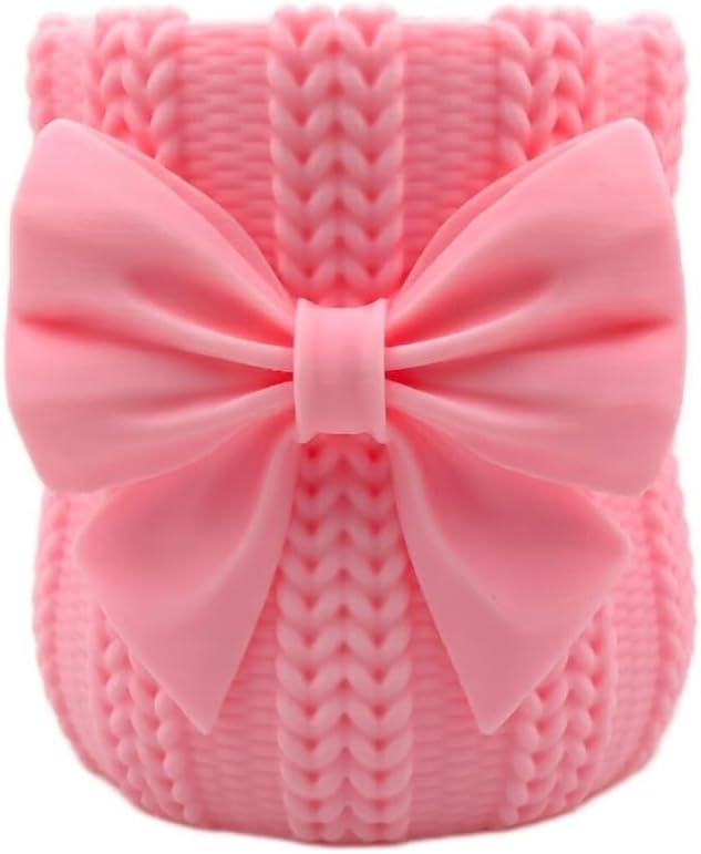 Knitted Bowknot Makeup Brush Holder, Cute Bow Vase, Pen Organizer for Kitchen, Bathroom or Office (Pink)