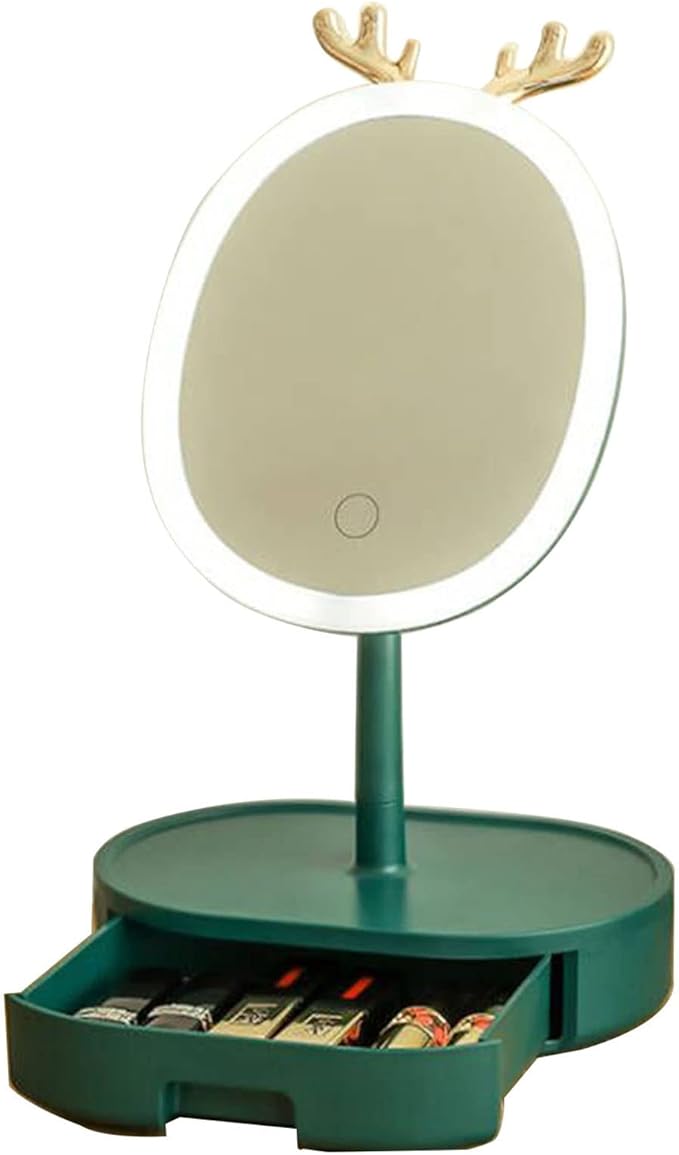 LED Makeup Mirror Stepless Dimming USB Rechargeable,Cosmetic Organizer Boxes90° Rotating Freestanding Mirror for Makeup,Touch Screen,Removable Makeup Mirror,Green