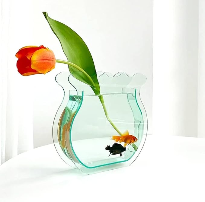 Acrylic Flower Vase Fish Tank for Small Goldfish Make-up Brush/Pen Holder Elegant Modern Contemporary Design Vase for Home Office Wedding Decor (Green Glass, Flower)