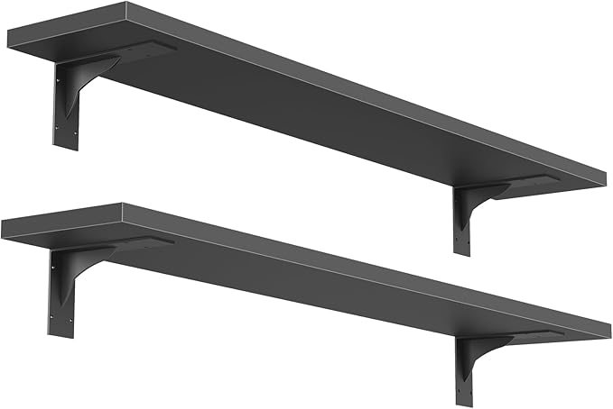 HOOBRO Floating Shelves for Wall, 31.5" Wall Mounted Shelves Set of 2, Hanging Storage Shelf with Metal Brackets, Wooden Shelf for Living Room, Bedroom, Bathroom, Black BK82BJP201G1