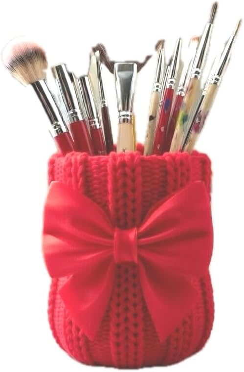Knitted Bowknot Makeup Brush Holder, Cute Bow Vase, Pen Organizer for Kitchen, Bathroom or Office (Red)