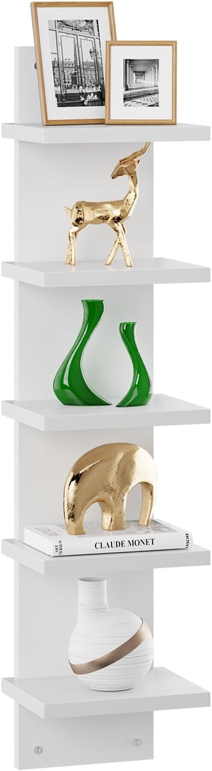 IBUYKE 5 Tier Wall Shelf Unit,White Vertical Shelf,Floating Storage Wall Shelf,Organizer Tall Tower Design Decorative Wall Mount Shelving for Home, Bedroom,Living Room,Office Decor WBC009W | Floating Storage, Wall Shelf, Organizer, Tall Tower Design, D...