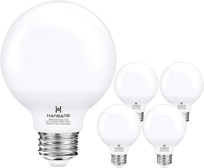 hansang G25 LED Bathroom Light Bulbs, E26 Base 4000K Natural Daylight Vanity Mirror Light Globe Bulbs Uniform Lighting, High CRI Makeup Mirror Light Bulbs Not-Dimmable 4 Pack