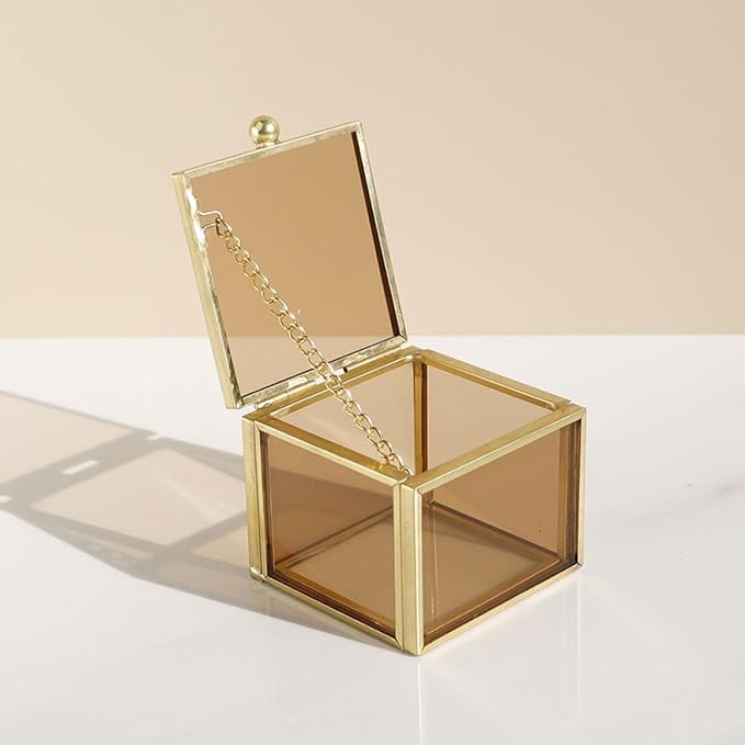 BESPORTBLE Glass Jewelry Storage Box with Lid Square Amber Glass Jewelry Container for Home Perfume and Cosmetic Organizer Single-piece Decorative Display Case and Keepsakes