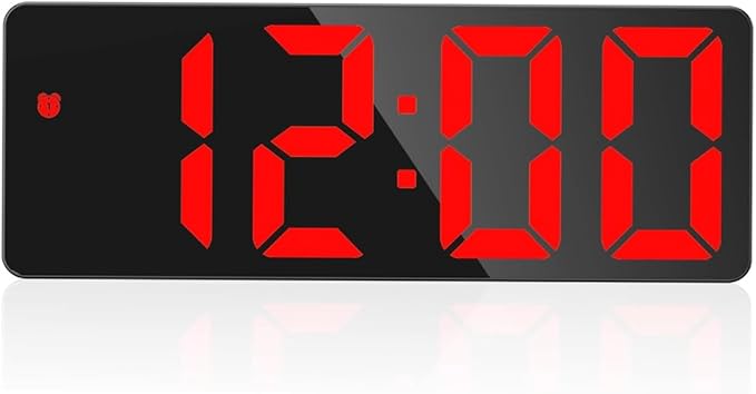 Digital Alarm Clock, Mirror Surface LED Electronic Clocks Large Display, Adjustable Brightness, Dual Power Supply, Snooze Model for Bedroom, Desk, Office (Black Case + Red Digit)