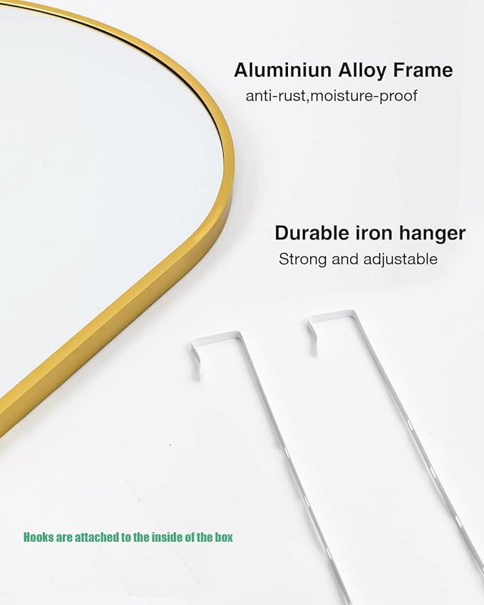 KOMCOTE Full Length Mirror 48x14 Inches - Over The Door Hanging Mirror for Bedroom, Living Room, Closet - Arch Floor Mirror, Door Mirror with Gold Frame - No Drill Easy Install