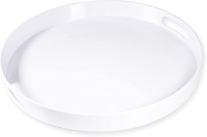 White Serving Tray Large Melamine Platter Round Breakfast Trays with Handles for Coffee Table Ottoman Living Room Home Décor Holiday Celebration & Party (17")