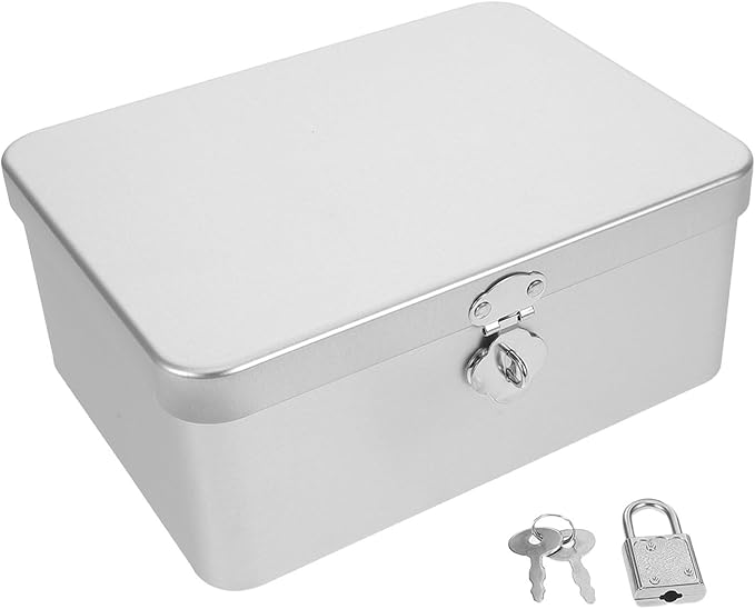 BESPORTBLE Vintage Metal Storage Box with Lock and Key, Retro Tin Jewelry Organizer for Makeup and Documents, Medium Silver Keepsake Chest for Home and Office Use