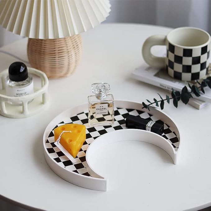 Ciandid Checkered Moon Shape Jewelry Tray - Decorative Organizer for Makeup, Perfume, Dresser, Vanity, Bathroom, Coffee Table, Ottoman