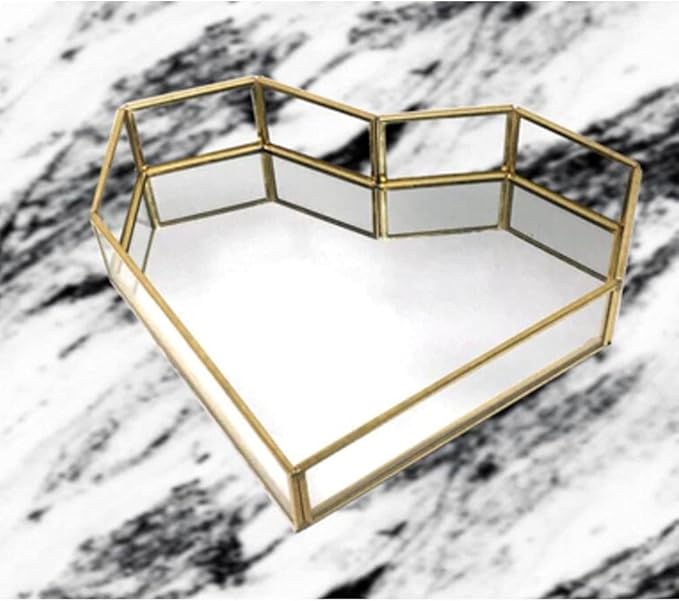 Heart-Shaped Vintage Gold Mirror Glass Vanity Tray,Ornate Geometric and Brass Plated Display Storage Organizer for Makeup Brushes/Lipstick/Skincare/Perfumes/Beauty Room/Bathroom Accessories