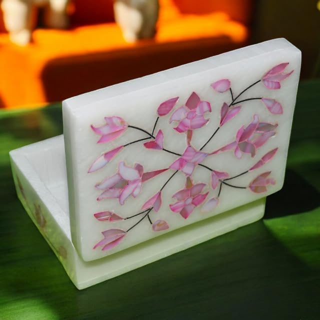Marble Inlay Jewelry Box 4x3inch Floral Mother of Pearl Inlay Handmade Makeup Organizer Trinket Box - Alabaster Shiny Decorative Marble Ring Box Inlay Art Unique Art Great Birthday Gift, Women Gift