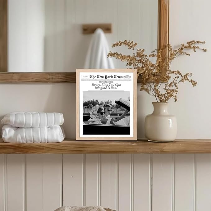 Bwodke OAK Wood Framed Wall Art Everything You Can Imagine Is Real Canvas Art Vintage Newspaper Pictures Wall Decor Hot Girls Prints Trendy Artwork for Girly Dorm Bedroom 8"x10"