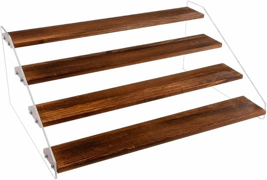 1 Pack Large 4 Tier Acrylic Display Stand 16*10.6*6.3 inches for Figures Wooden Risers Display Case for Craft Fair Acrylic Cupcake Stand for Dessert Table Cologne Organizer for Men(BROWN)