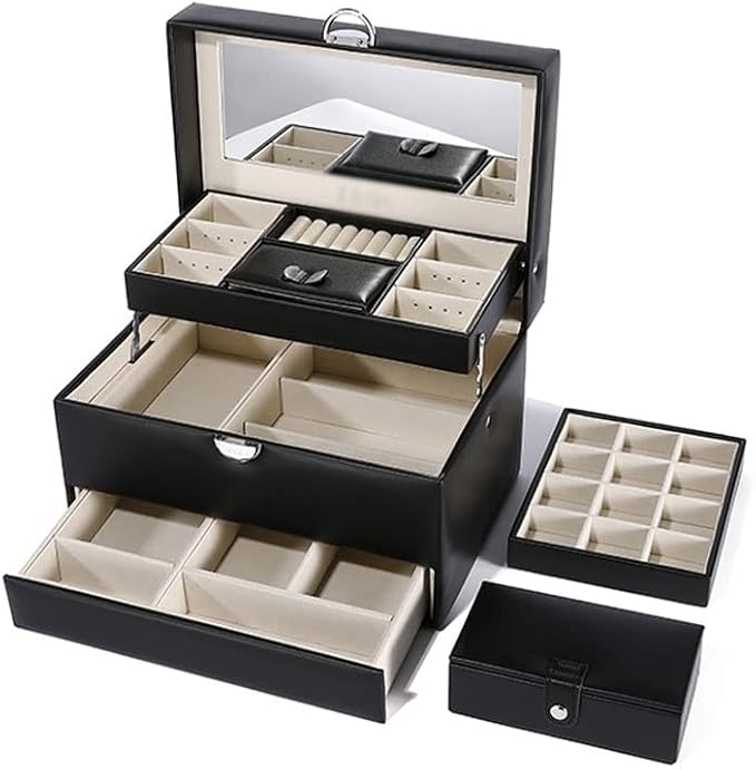 Makeup Organizers Jewelry Box Storage Box Three Drawer Type Jewelry Box Can Store Display Ring Bracelet Necklace Earrings Watch Jewelry Case (Color : Black)
