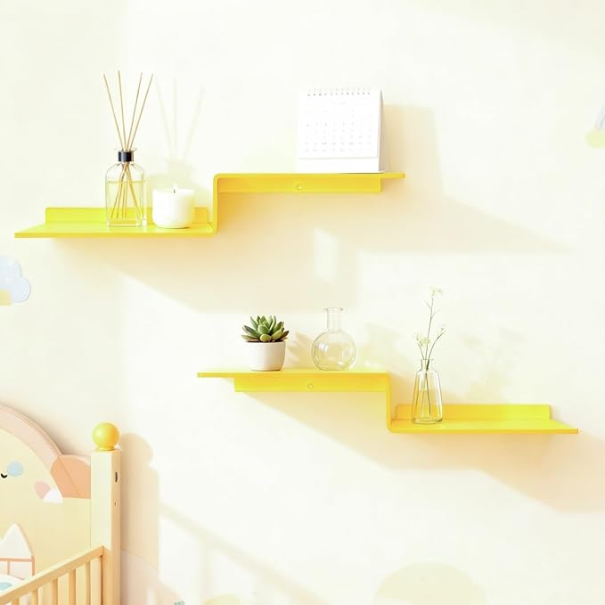 SetGame 2-Pack Acrylic Shelves Z-Shaped Display Stand Wall Mounted, 12 Inch Wall Storage Organizer for Toys, Books, Plants, Photos Album, Suit for Office, Living Room, Room Decor (Yellow)