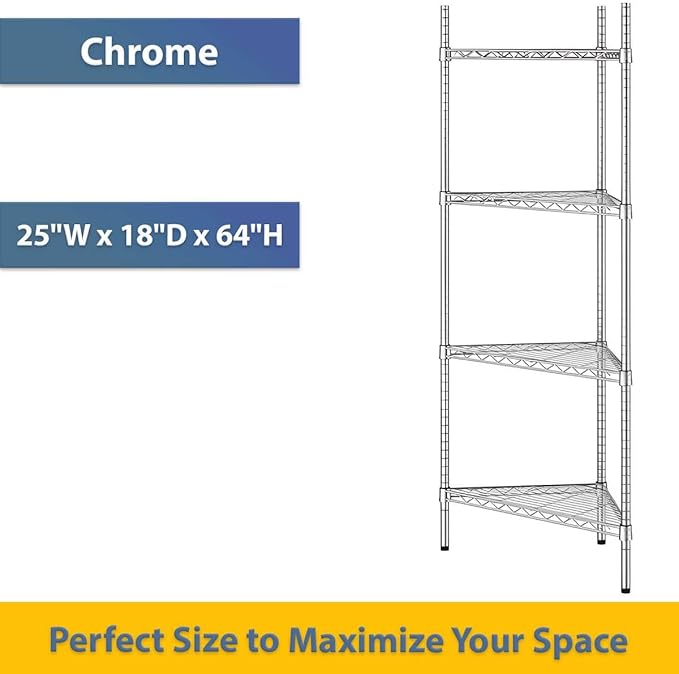 25" W x 18" D x 64" H NSF Chrome Triangle Heavy Duty Corner Shelving Kit, 4-Shelf Adjustable Wire Rack