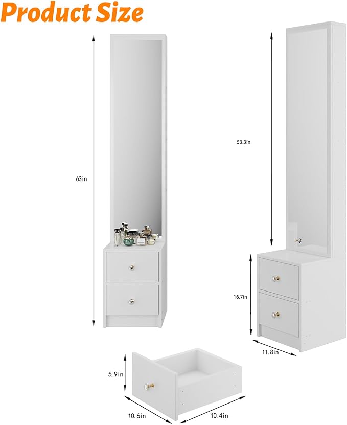 anwickjeff Full-Length Mirror with Storage, Standing Nightstand Mirror Cabinet with 2 Drawers & 4 Shelves, Makeup Storage Organizer, Gift for Women Girls (White)