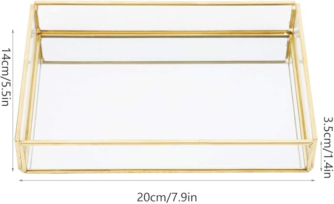 Gold Perfume Tray, Rectangle Decorative Glass Mirror Vanity Tray Jewelry Photo Display Organizer for Trinket Cosmetics Makeup Bathroom Bedroom Home Table Decorative (S)