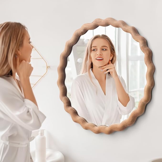 Irregular Wall Mirror,Wood Round Farmhouse Mirror Unique Vanity Mirror,20" Nature Wooden Modern Bathroom Mirror for Washroom Living Room Bedroom