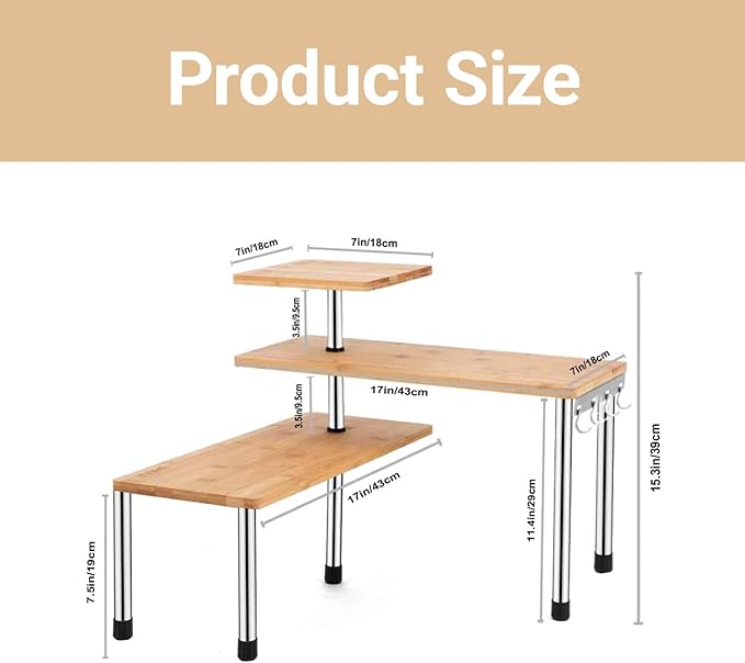 HYNAWIN Bamboo Countertop Shelf Storage Spice Rack, 3 Tier Desktop Shelves Space Saving Organizer, Adjustable Rack