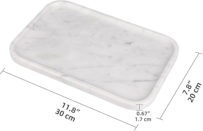 Marble Bathroom Vanity Tray, Natural Marble Home Kitchen Table Tray, Stone Decorative Countertop Serving Organizer for Dresser Coffee Perfume Jewelry Makeup (1, Carrara White L, 12 * 8 * 0.8)