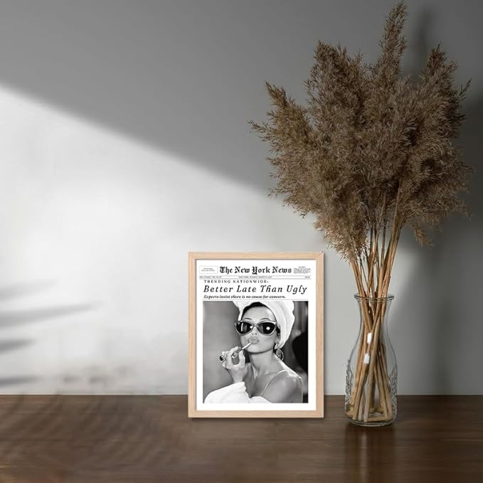 Bwodke OAK Wood Framed Wall Art Audrey Hepburn Newspaper Canvas Art Vintage Headline Pictures Wall Decor Better Late Than Ugly Prints Trendy Artwork for Girly Dorm Bedroom Bathroom 8"x10"