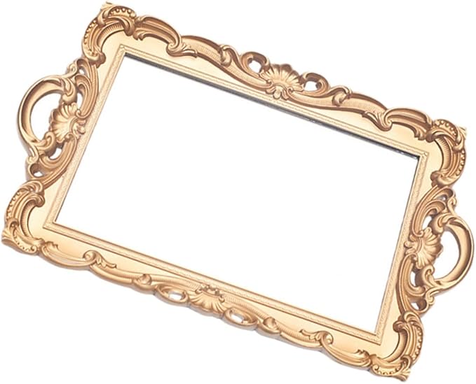 Hemobllo European Mirror Tray Vintage Golden Rectangular Cosmetics Storage Plate Retro Makeup Organizer for Vanity and Home Décor