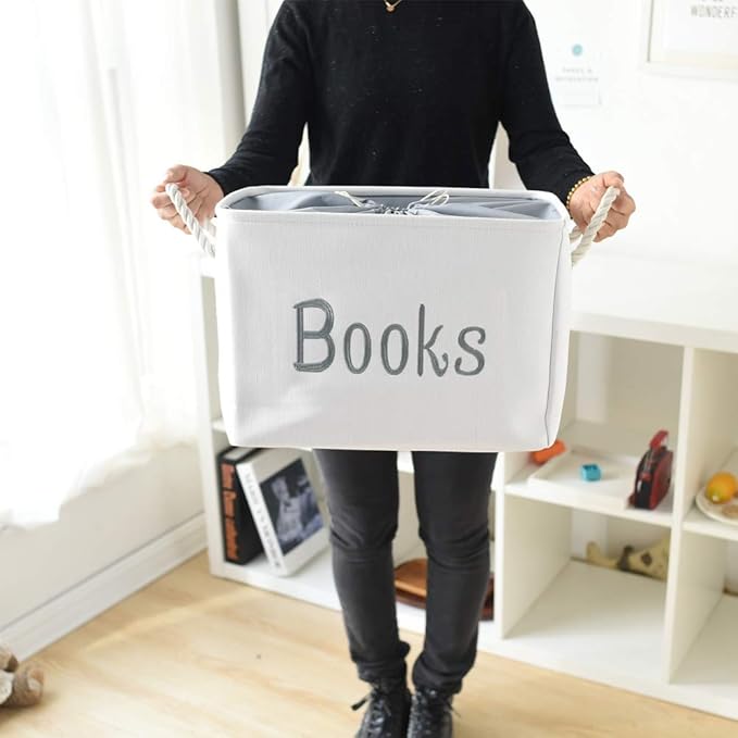 INough Book Basket for Kids Room, Book Storage Basket Book Organizer for Nursery Room Classroom Library Book Storage Box Collapsible Book Bins with Drawstring Closure for Cartoon Book Reading