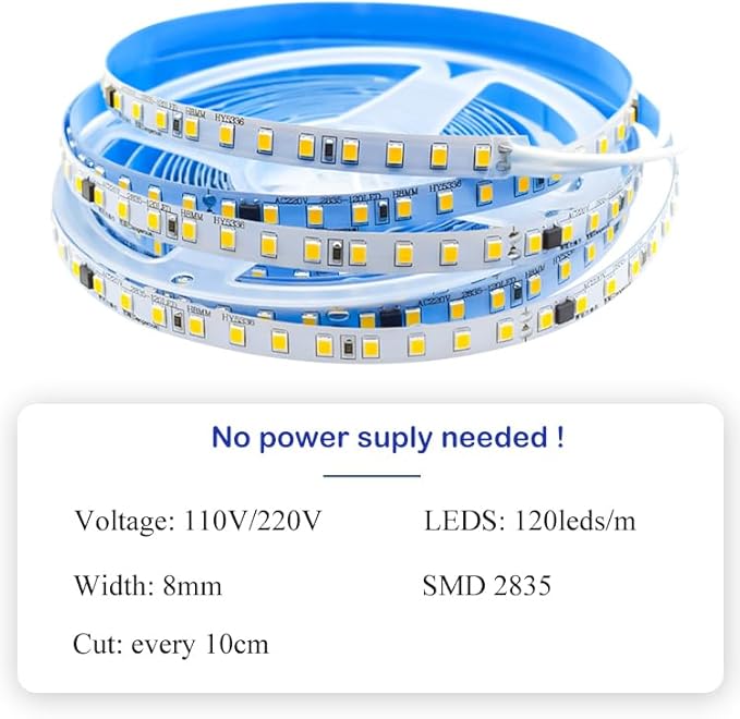 110V LED Strip Lights 120leds/m Flexible LED Tape, No Power Supply Needed (Clear White 6000K, 32.8FT), LED-STL120