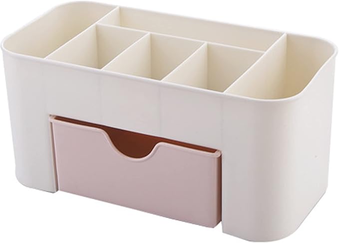 6 Compartments Cosmetics Makeup Organizer Cosmetic Storage Box with Drawer Multifunctional Makeup Desk Organizer for Home Bathroom(Pink)