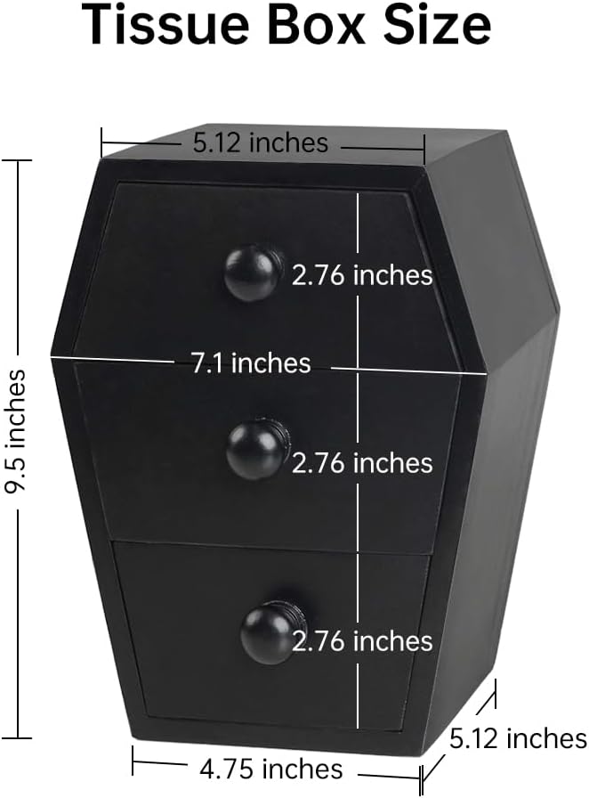 Gothic Coffin Jewelry Organizer -Coffin Vanity Boxes 3-Drawer Spooky Dark Aesthetic Vanity Box, Solid Wooden Black Storage with Compartments for Rings Necklaces Earrings