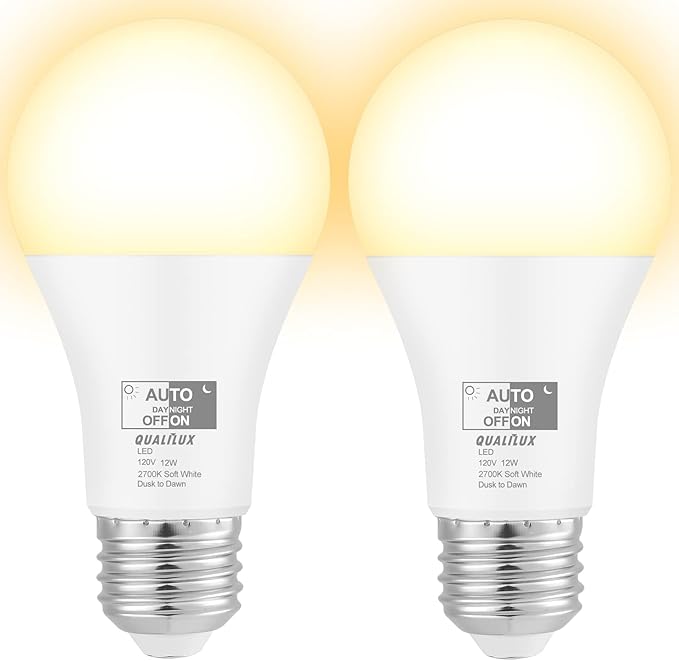 Qualilux Dusk to Dawn Light Bulbs, Auto On/Off Light Sensing LED Bulbs Outdoor, Soft White, A19 2-Pack, 12W 1000LM 75W Equivalent, HQ-H021