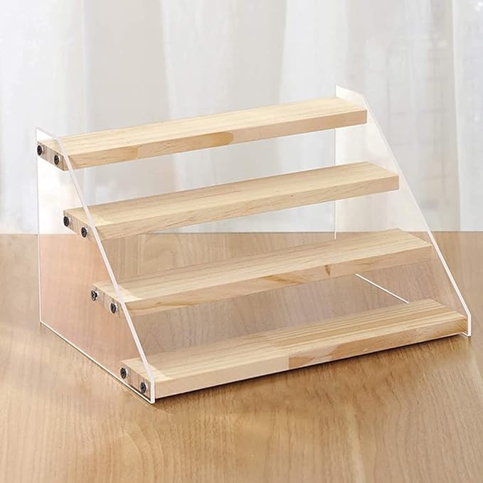 2/3/4 Layer Clear Acrylic Wooden Storage Rack Ladder Dessert Cake Display Rack Jewelry Display Stand Makeup Organizer (4 Layer 21.5x16x20.5cm)