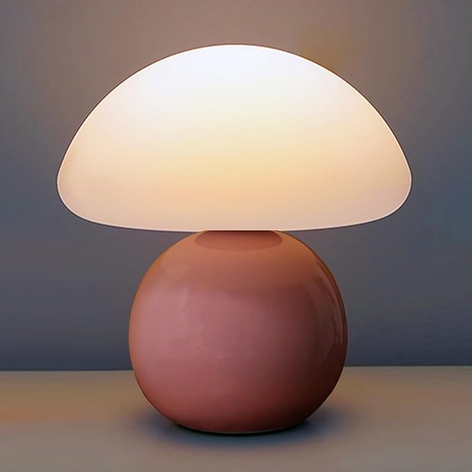 Cute Small Mushroom Lamp, PE Lampshade, Ceramic Base, Adjustable Light Color and Brightness with Power-Off Memory, Safe USB Powered, LED Mushroom Light for Bedroom Living Room (Pink)