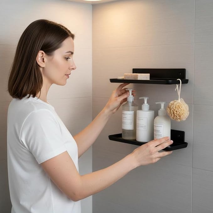 FAYYGYH Adhesive Floating Shelves No Drill Floating Shelf for Wall Storage Damage-Free Wall Mounted Organizer for Bathroom, Kitchen, Bedroom & Office (Black, 4 PCS)