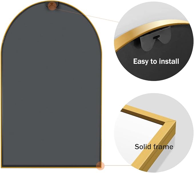 Arched Wall Mirror, Gold Decorative Hanging Mirror, 30"x20" Vanity Mirror Brushed Aluminum Alloy Frame for Bathroom, Bedroom, Living Room, Entryway, Hang Vertical or Horizontal