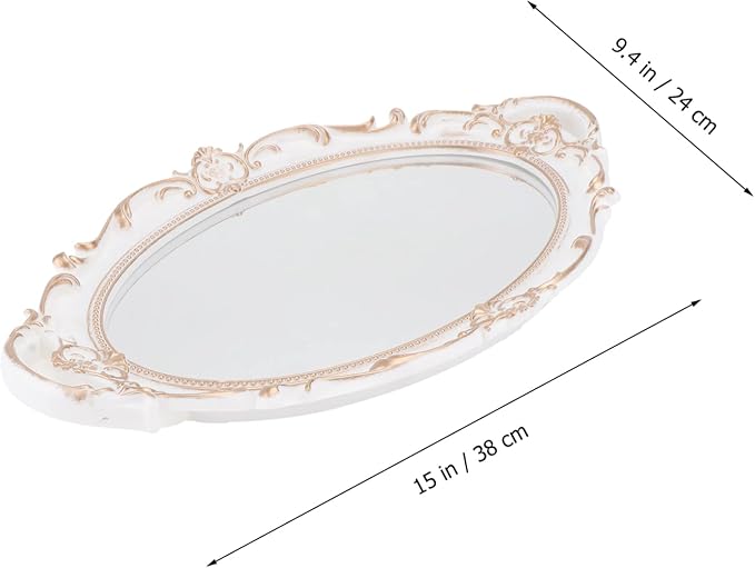 Lurrose Oval Vintage Decorative Mirror Tray with Plastic Frame and Handles Elegant French Style Makeup and Jewelry Organizer Serving Tray for Living Bathroom Shop and Party Decor