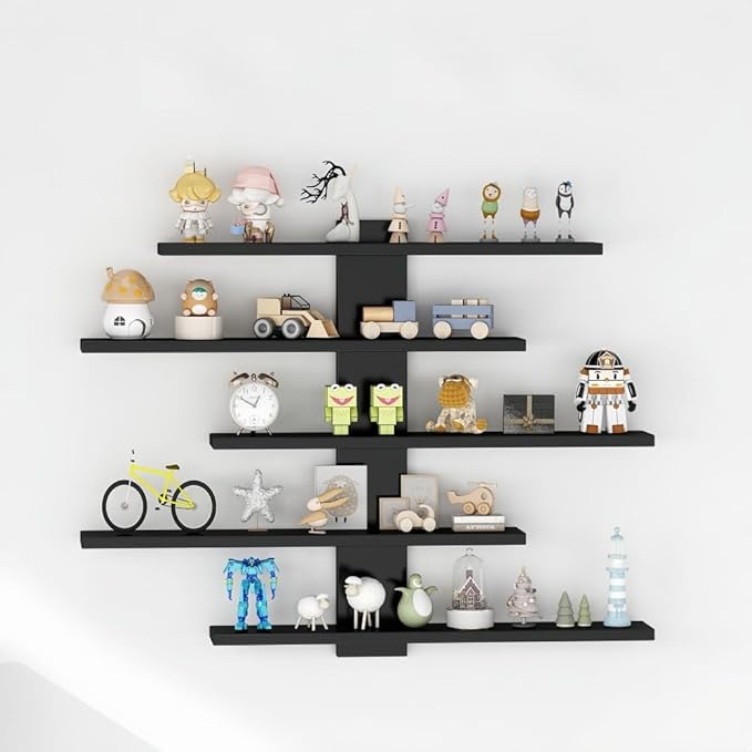 5-Tier Floating Wall Mounted Shelves, Wall Display Storage Shelf for Anime Figurines, Dolls, Plants & Statues, Decorative Organizer for Bedroom, Living Room, Study Room,Office（Black）