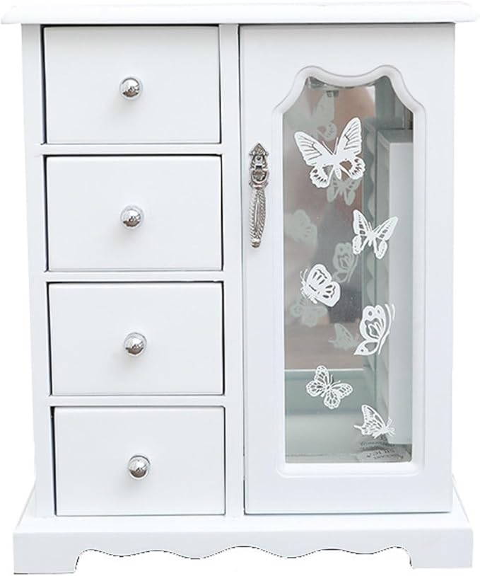 Wooden Jewelry Box, Solid Jewelry Organizer Makeup and Organizer Women Ring Storage with 4 Drawers, Wood Jewelry Case with Mirror for Necklaces Earring Rings, White