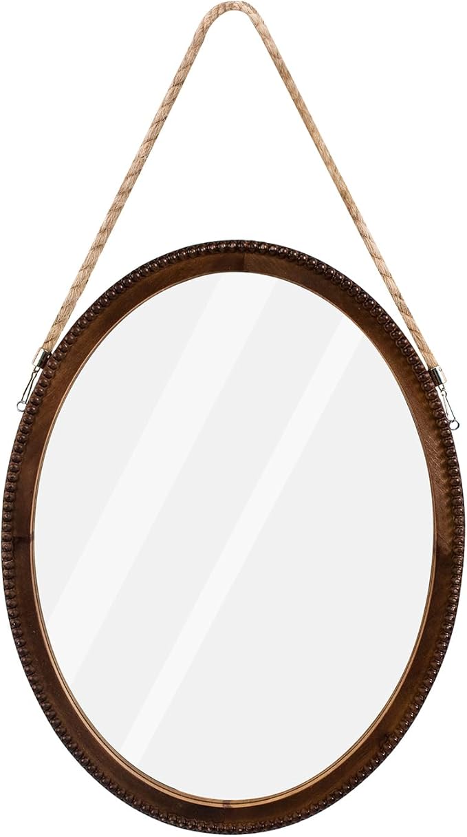 OKSQW 20 Inch Oval Wall Mirror Wooden Bead Frame Art Decorative Rustic Farmhouse Wooden Mirror Hanging Mirror with Rope for Entryway Bedroom Living Room Bathroom