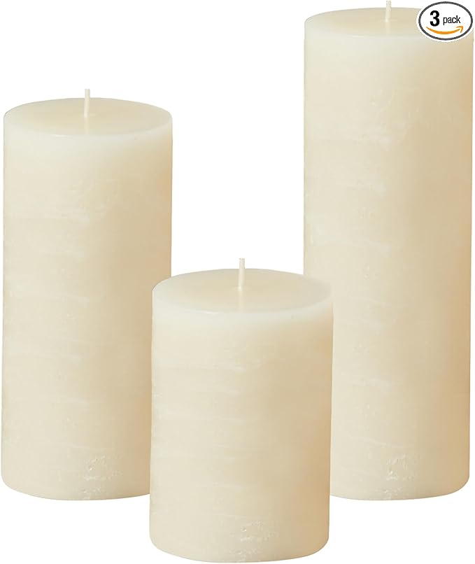 Simply Soson 3x4, 3x6, 3x8 inch Ivory Pillar Candles, Set of 3 Pillar Candles, Rustic Texture, Unscented Ivory Candles, Dripless Candles, Ideal as Wedding, Parties, Spa, Dinner, Home Decor, Church