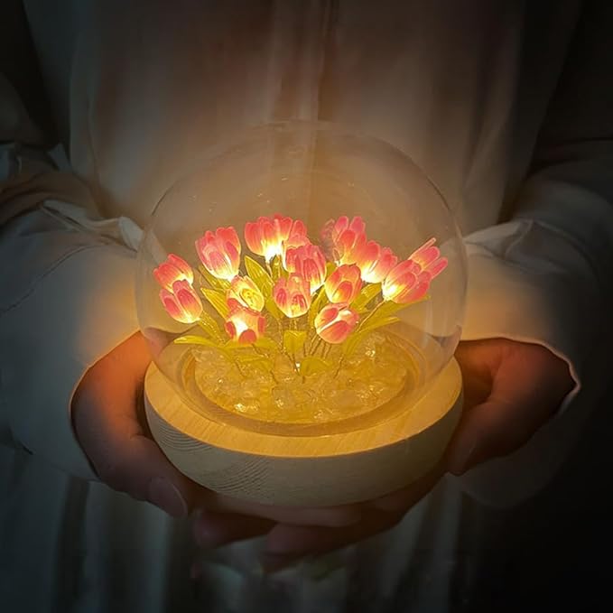 LOGAZOO (20 Flower) Birthday Gifts for Mom, Tulip Lamp Night Light with Glass Dome,Handmade Artificial Flower Table Lamp Bedroom Desk Decoration for Women Daughter Girlfriend Christmas Holiday Gift