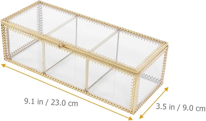 FRCOLOR Jewelry Organizer Box with Glass Lid and Gold Metal Frame Compartment Makeup Organizer Case for Rings Earrings Necklaces Dustproof Decorative Storage for Vanity Desk and Bathroom