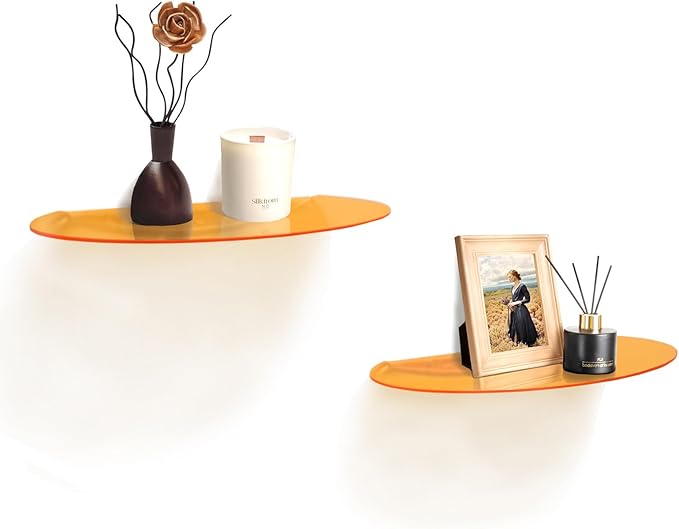 SetGame 2-Pack Acrylic Small Wall Shelves Wall Decor Wall Mounted, 12" Floating Wall Ledge Shelf, Acrylic Shelves for for Action Figures Display, Room Décor, Space Saving, Items Organizer, Orange