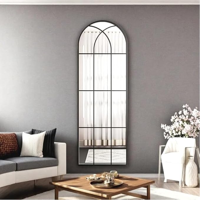 Rowjut Black Arched Wall Mirror 56“ x 22”,Wall Decorative & Window Mirror with Iron Framed Window Pane Inspiration, Ideal for Foyer, Living Room, Bedroom & Fireplace to Create a Cozy Home!