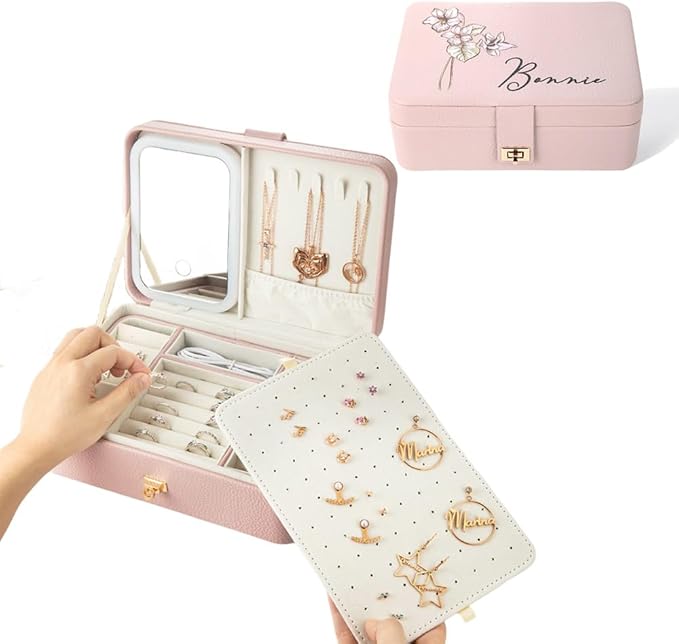 BYFDIY Custom 3-Layer Travel Jewelry Case Personalized Name Birth Flower Jewelry Organizer and Storage With 3 Colors LED Makeup Mirror Mother Jewelrys Box Gifts For Women Nana Size 9.25×6.3×3.54 INCH