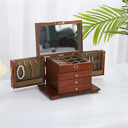 Vintage Wooden Jewelry Box with Lock, Makeup Organizer, Solid Wood Storage for Necklaces and Accessories, Elegant Display Case for Jewelry Storage
