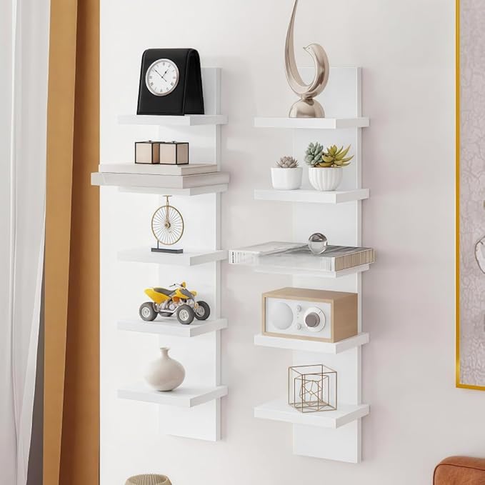 5 Tier White Wall Shelves - Vertical Column Floating Storage Organizer, Tall Tower Design Utility Shelving for Home Decor, Bedroom & Living Room, 30.7" x 31" (White)
