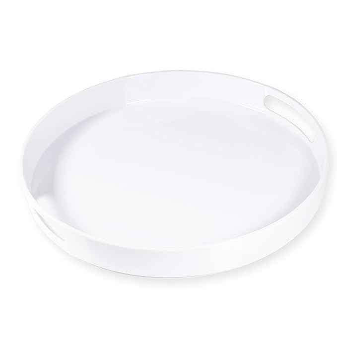 White Serving Tray Large Melamine Platter Round Breakfast Trays with Handles for Coffee Table Ottoman Living Room Home Décor Holiday Celebration & Party (13.5")