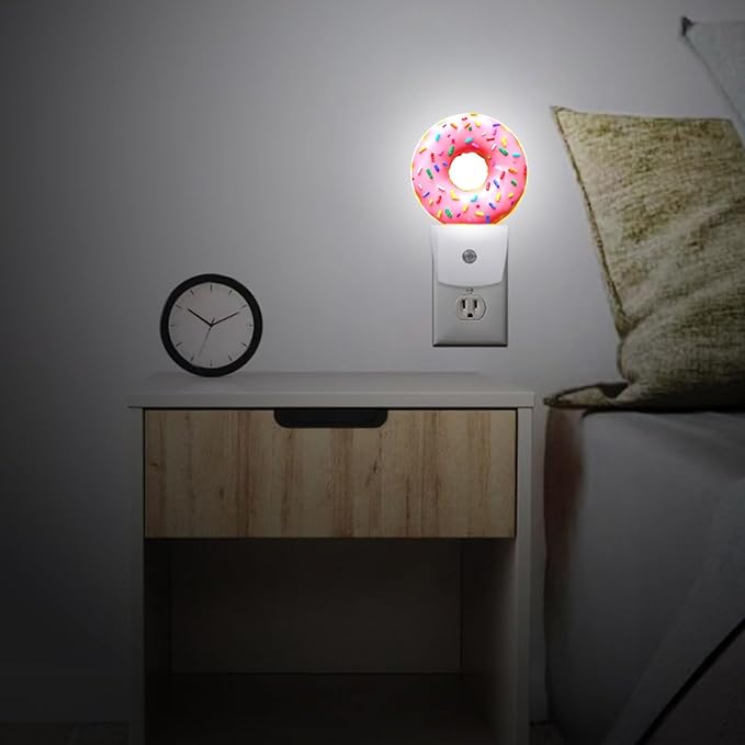 Pink Sweet Donut Plug in Night Light Auto Light Round Lamps Energy Saving Gift for Women Men Friends